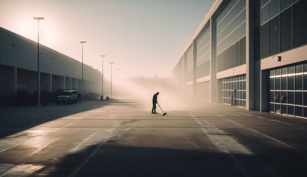 a person sweeping an empty parking lot in the morning