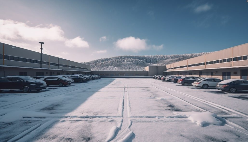 snow covered empty parking lot on a winters day
