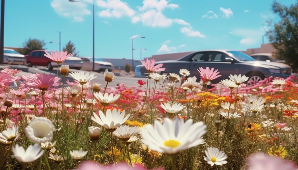 sunny parking lot with flowers