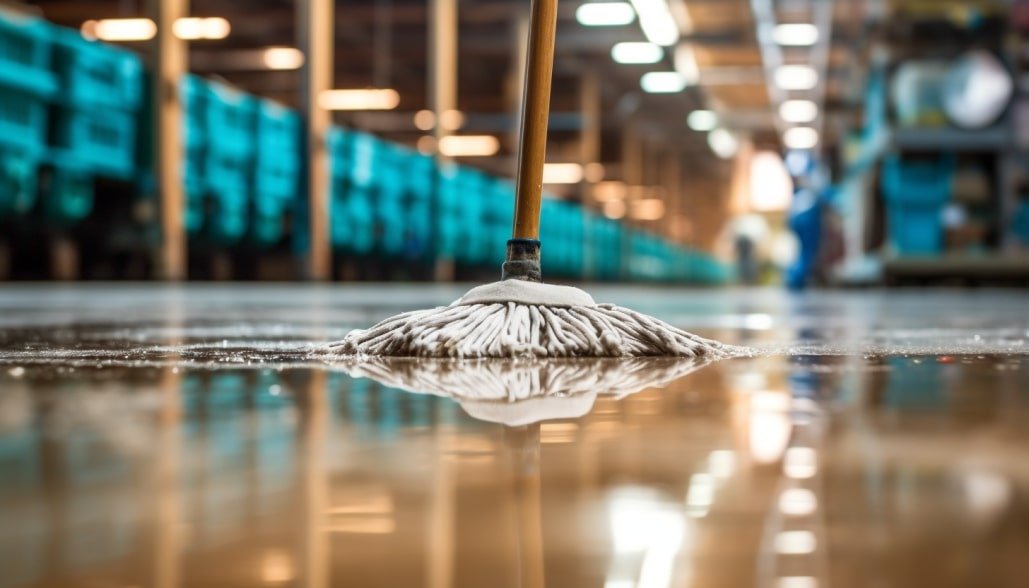 mop cleaning a warehouse floor closeup