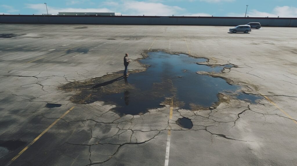 A worker fixing a crack in a parking lot parking lot levelling