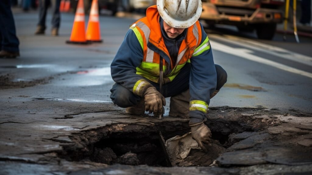 A worker performing a Pothole Severity Assessment