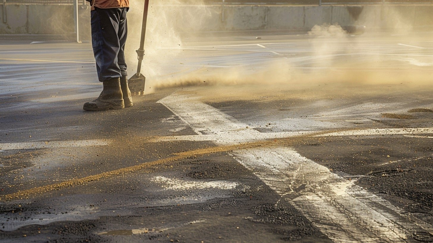 A worker spreading saw dust onto an oil stain in a parking lot techniques for treating oil spots