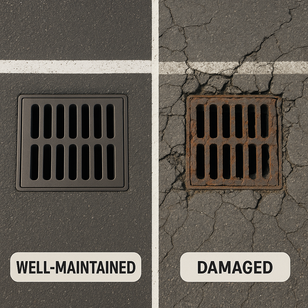 Comparison of a well maintained vs. damaged parking lot drain storm drain repair Comparison of a well maintained vs. damaged parking lot drain storm drain repair